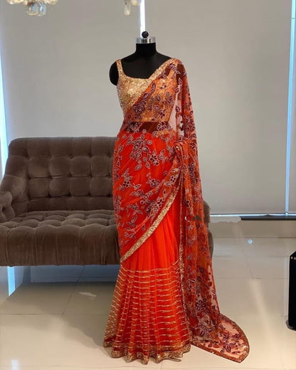 Opulent Orange Color Soft Net Sequence Thread Lace Work Saree Blouse