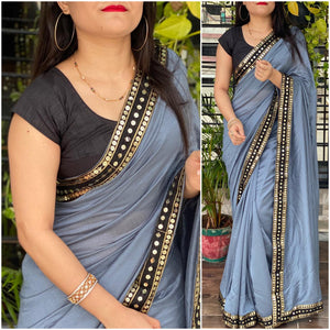 Dark Grey Color Sequence Work Lace Designer Silk Vichitra Designer Saree Blouse For Festive Wear