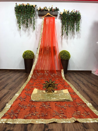 Opulent Orange Color Soft Net Sequence Thread Lace Work Saree Blouse
