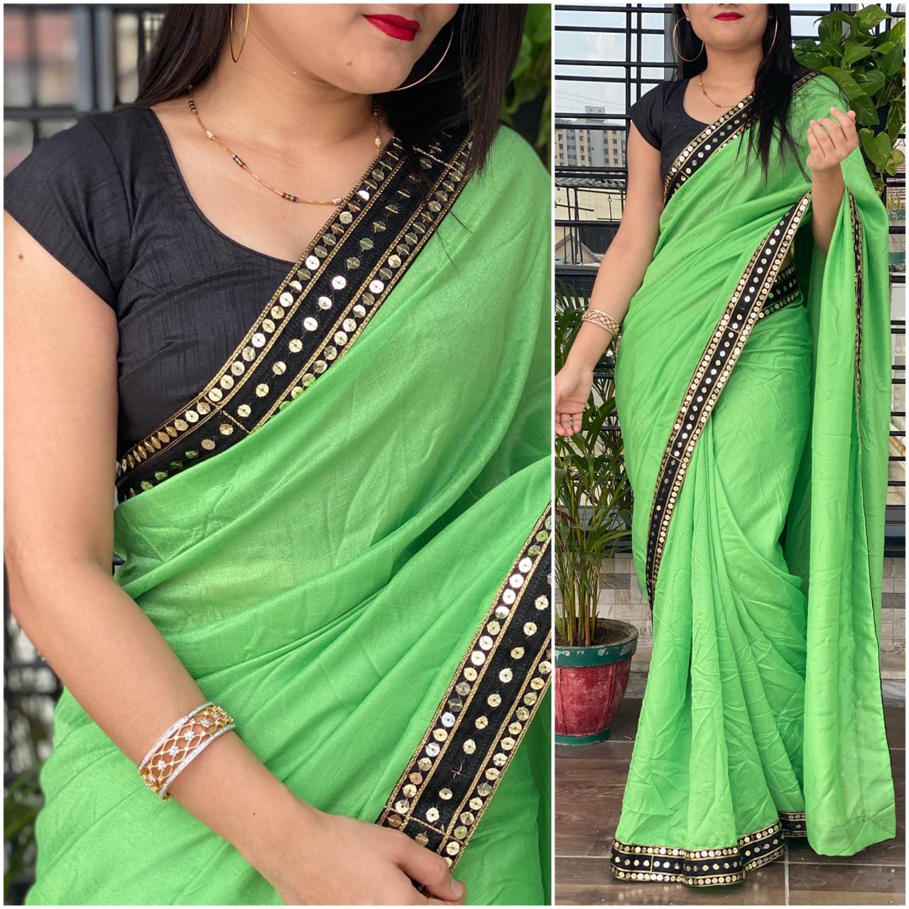 Unique Light Green Color Function Wear Vichitra Silk Fancy Lace Sequence Work Designer Saree Blouse