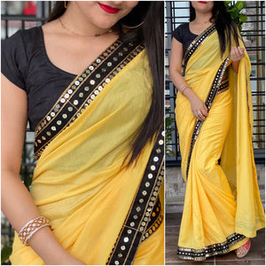 Eye catching Yellow Color Designer Sequence Lace Work Beautiful Vichitra Silk Designer Saree Blouse For Festival Wear