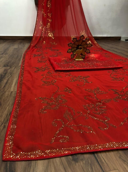 Fabulous Red Color Hot Fix Diamond Work Georgette Saree Blouse Design