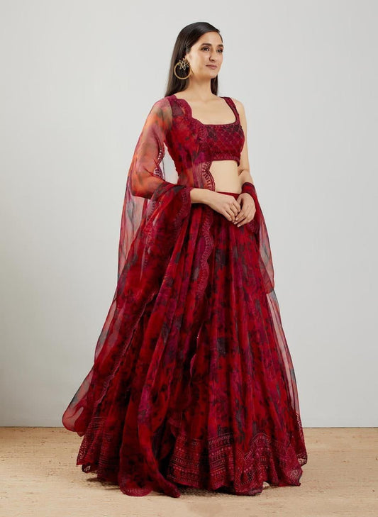 Accomplishment Red Color Embroidered Work Fancy Organza Lehenga Choli For Wedding Wear