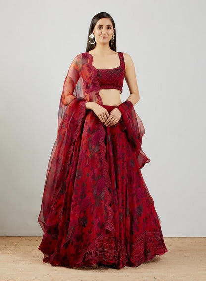 Accomplishment Red Color Embroidered Work Fancy Organza Lehenga Choli For Wedding Wear