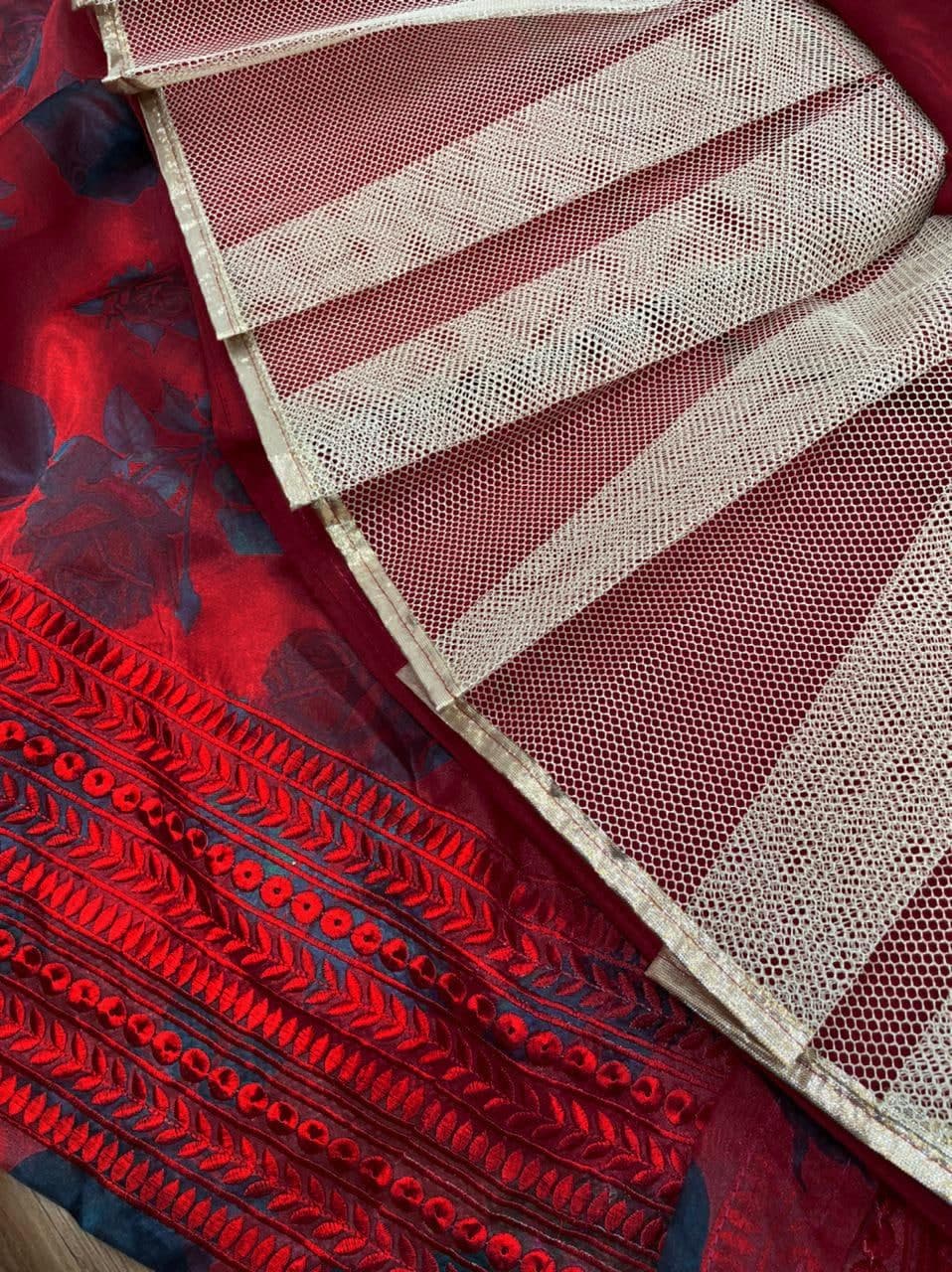 Accomplishment Red Color Embroidered Work Fancy Organza Lehenga Choli For Wedding Wear