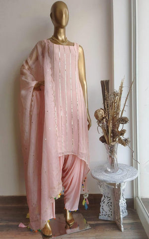 Stylish Peach Color Full Stitched Georgette Embroidered Sequence Work Dhoti Salwar Suit