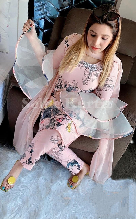 Opulent Baby Pink Color Ready Made Printed Designer Rayon Pent Style Salwar Suit For Festive Wear
