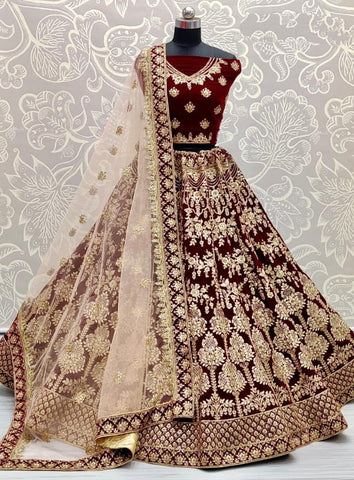 Thrilling Maroon Color Festive Wear Velvet Diamond Thread Embroidered Work Lehenga Choli