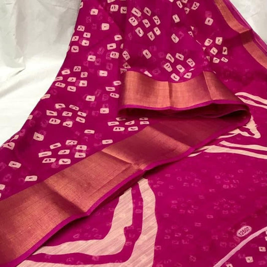 Rani Pink Color Festive Wear Printed Zari Weaving Cotton Saree Blouse