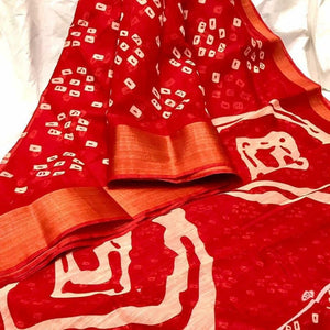 Admiring Red Color Fancy Weaving Zari Printed Cotton Saree Blouse For Wedding Wear