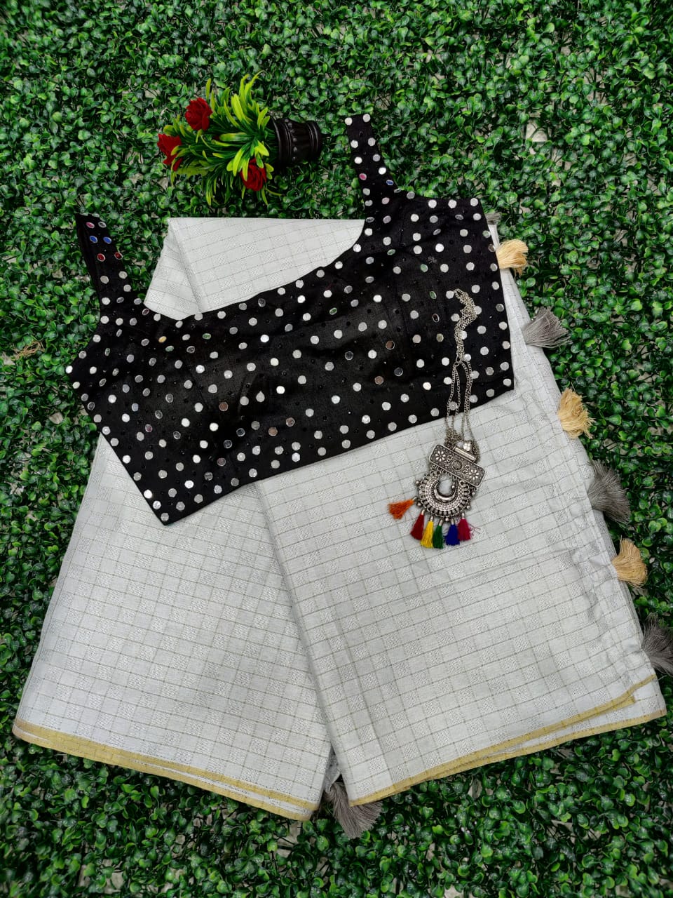 Party Grey Color Designer Jute Silk Tussels Attached Designer Saree Ready Made Blouse For Festive Wear