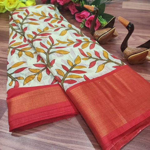 Copper Red Color Casual Wear Cotton Zari Weaving Work Printed Saree Blouse