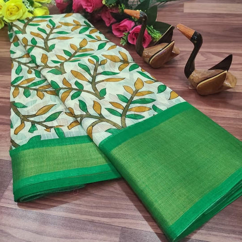 Impressive Green Color Festival Wear Printed Zari Weaving Design Cotton Saree Blouse