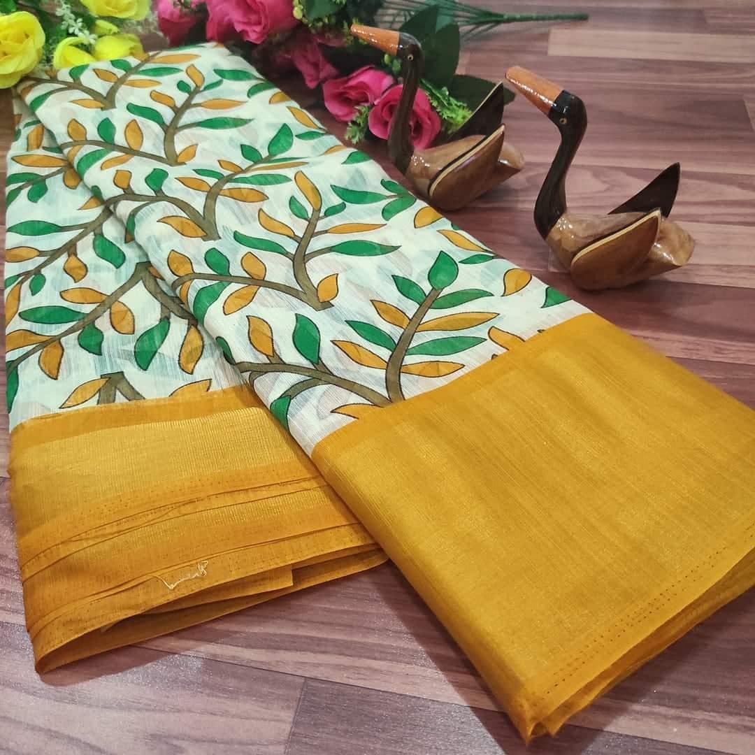Stunning Mustard Color Design Cotton Printed Weaving Zari Work Saree Blouse