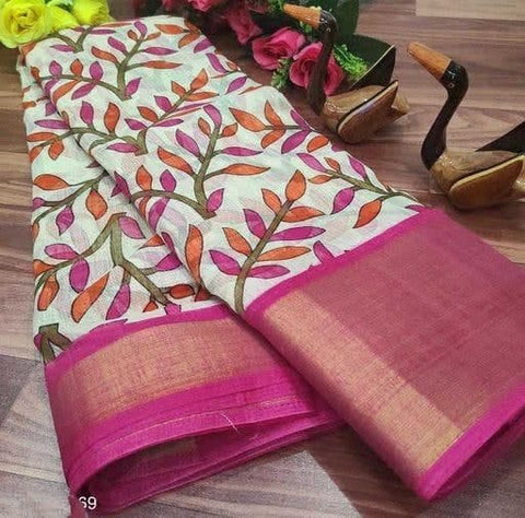 Striking Rani Pink Color Fancy Weaving Zari Cotton Printed Saree Blouse