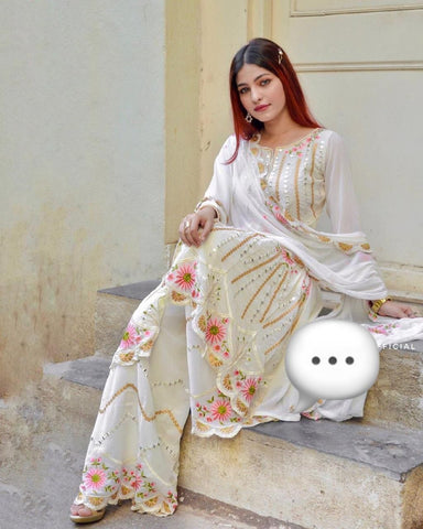 Opulent Off White Color Georgette Fancy Embroidered Mirror Work Sharara Suit