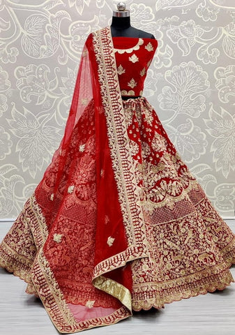 Shattering Red Color Designer Velvet Embroidered Work Lehenga Choli For Wedding Wear