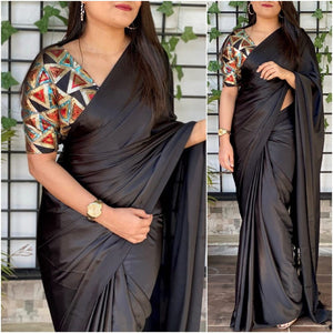 Attractive Black Color Tussles Pallu Satin Japan Design Saree Blouse For Women