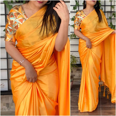 Imperial Yellow Color Designer Tussles Pallu Japan Satin Saree Blouse