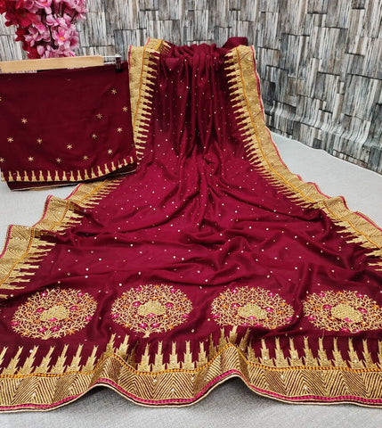 Tremendously Maroon Color Embroidered Fancy Work Vichitra Silk Saree Blouse