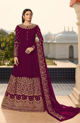 Fabulous Wine Color Georgette Wedding Wear Stone Embroidered Work Salwar Suit