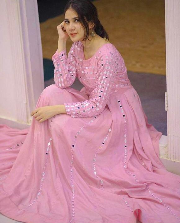 Stunning Baby Pink Color Full Stitched Function Wear Georgette Fancy Embroidered Work Gown for women