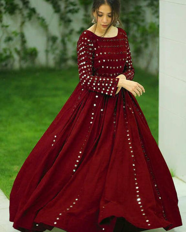 Wonderful Maroon Color Wedding Wear Designer Ready Made Georgette Embroidered Fancy Work Gown for women