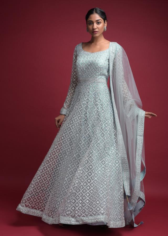 Amazing Grey Color Full Stitched Wedding Wear Net Chain Chain Stitch Work Designer Gown for women