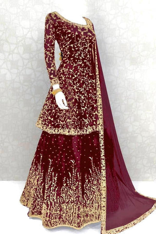 Flattering Maroon Color Designer Embroidered Work Satin Silk Indo Western Lehenga
