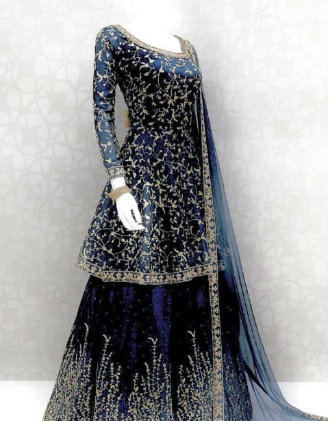 Intricate Navy Blue Color Occasion Wear Satin Silk Embroidered Work Indo Western Lehenga