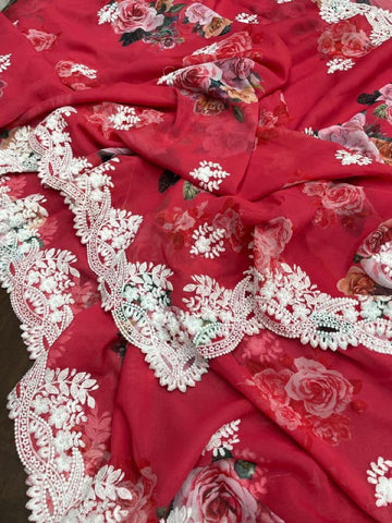 Alluring Red Color Georgette Digital Printed Thread Work Saree Blouse