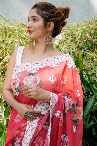 Alluring Red Color Georgette Digital Printed Thread Work Saree Blouse