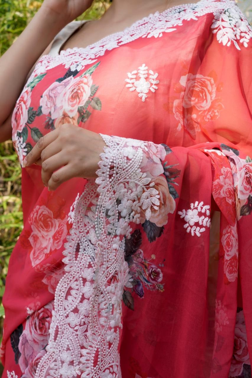 Alluring Red Color Georgette Digital Printed Thread Work Saree Blouse