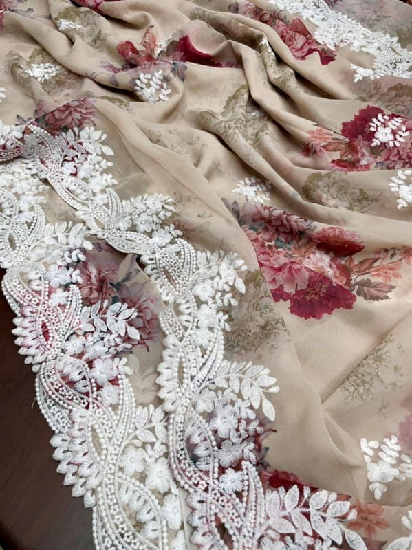 Amazing Off White Color Thread Work Printed Georgette Occasion Wear Saree Blouse