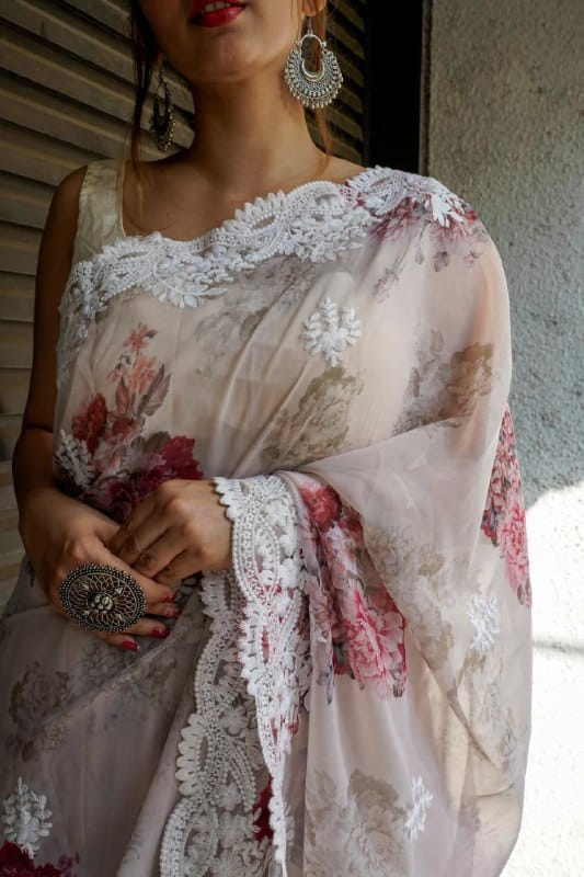 Amazing Off White Color Thread Work Printed Georgette Occasion Wear Saree Blouse