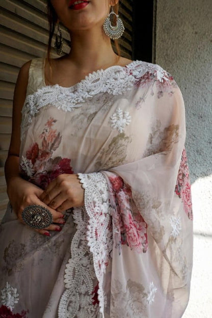 Amazing Off White Color Thread Work Printed Georgette Occasion Wear Saree Blouse
