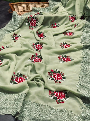 Gorgeous Green Color Flower Thread Work Silk Georgette Occasion Wear Saree Blouse