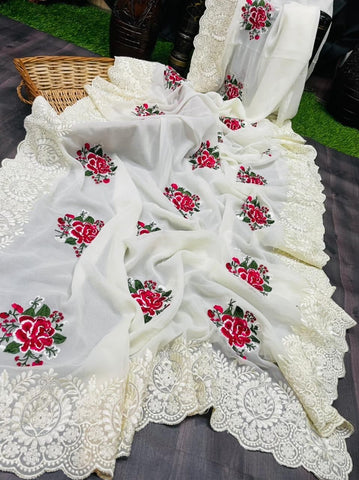 Striking White Color Georgette Silk Thread Work Party Wear Saree Blouse