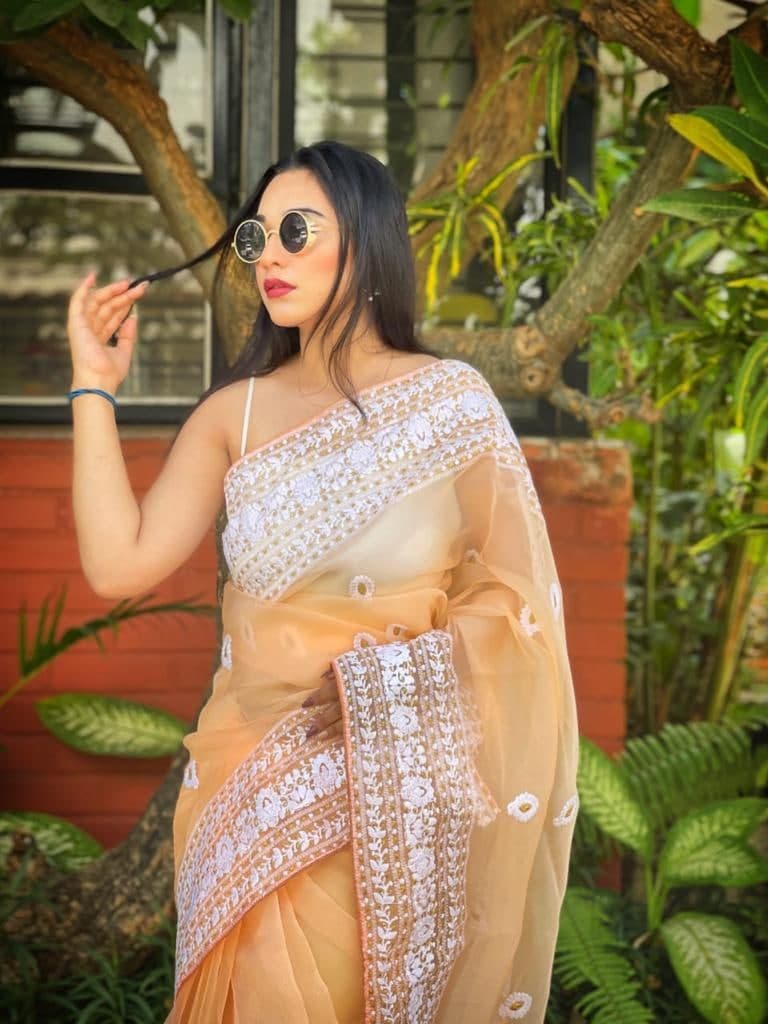 Jazzy Peach Color Organza Silk Thread Work Saree Blouse For Women