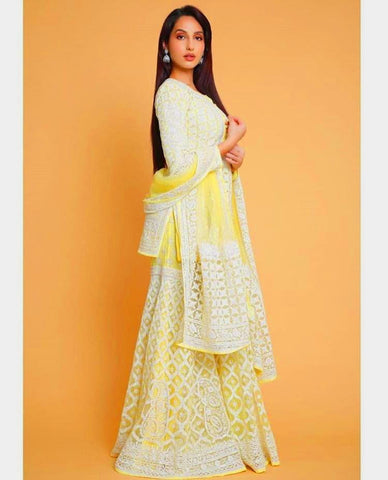 Knockout Yellow Color Function Wear Georgette Chine Stitch Work Designer Plazo Salwar Suit for women