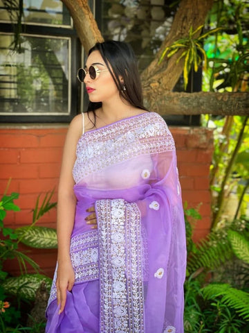 Fantastic Purple Color Festival Wear Silk Organza Zari Thread Work Saree Blouse