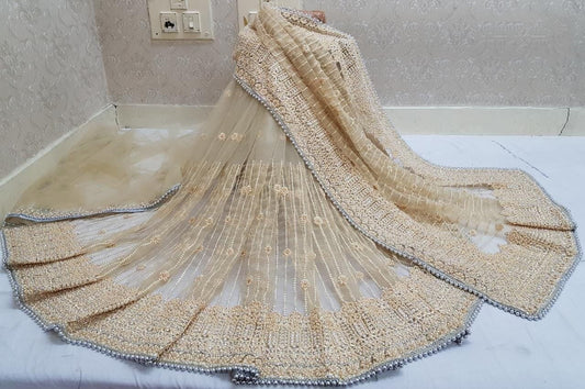 Demanding Chiku Color Designer Festive Wear Net Hand Work Embroidered LCD Stone Steel Pandadi Jarkhan Work Designer Saree Blouse