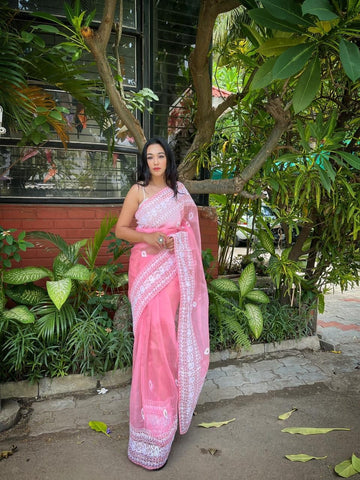 Desirable Pink Color Silk Organza Thread Zari Work Saree Blouse Design