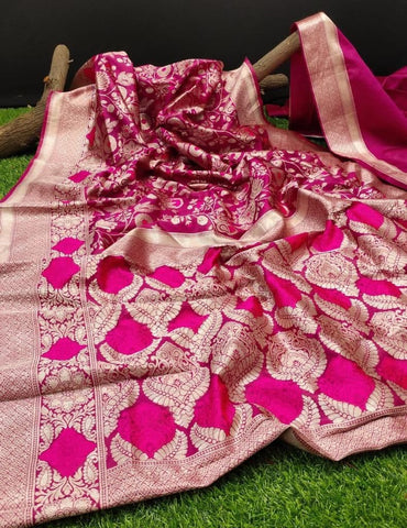 Alluring Rani Pink Color Silk Banarasi Silver Zari Work Saree Blouse For Ladies