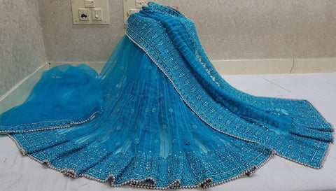 Mind blowing Wear Firozi Color Designer Net Embroidered Steel Jarkhan Pandadi LCD Stone Work Designer Saree Blouse