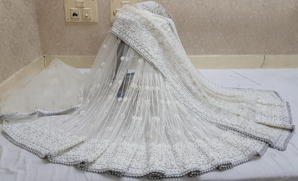 Wedding Off White Color Party Wear Net Steel Stone LCD Embroidered Pandadi Jarkhan Work Designer Saree Blouse