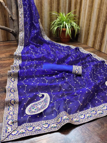 Adorable Royal Blue Color Organza Embroidered Sequence Work Saree Blouse