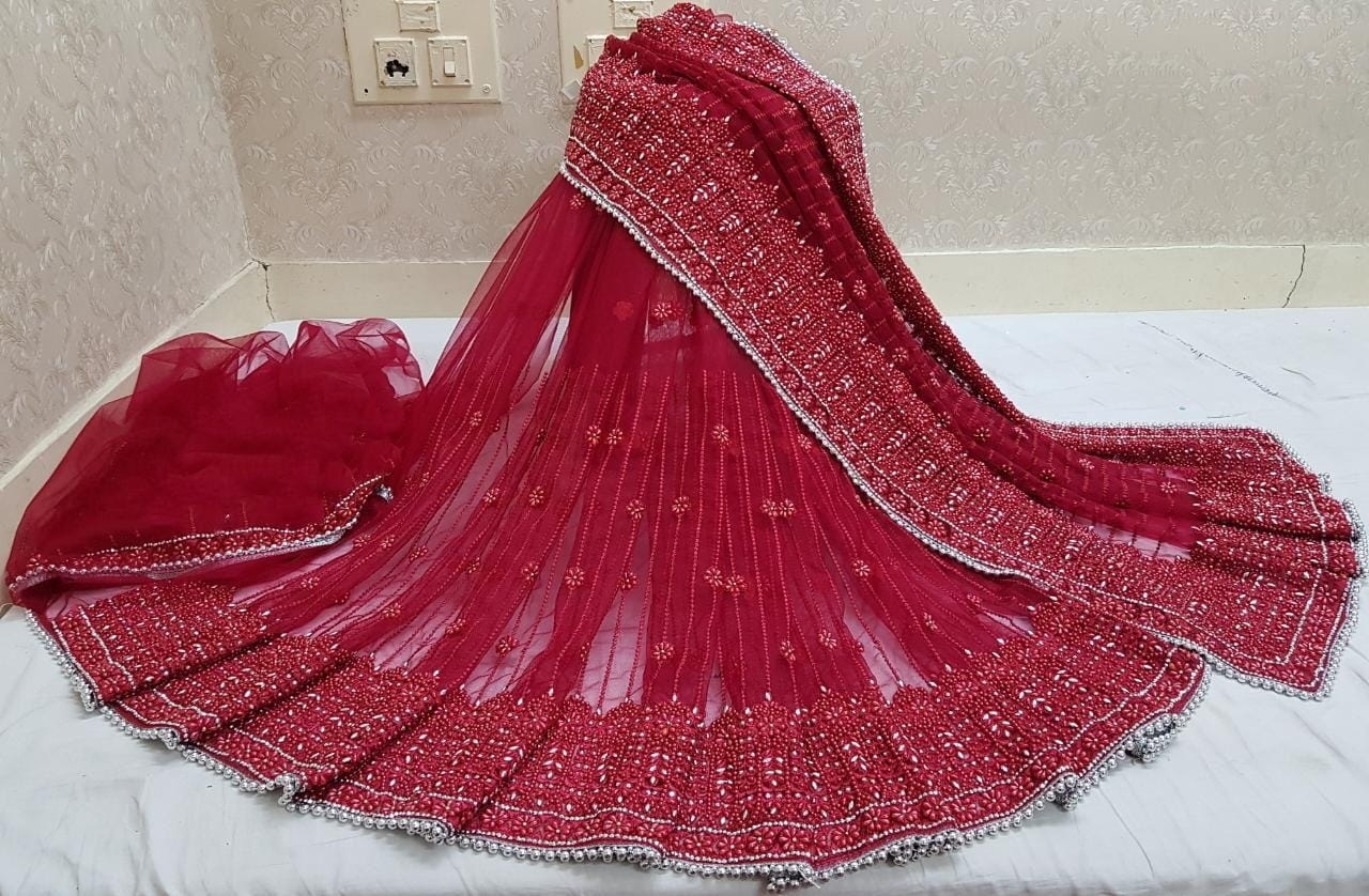 Surpassing Maroon Color Function Wear Net Embroidered Steel Stone LCD Pandadi Jarkhan Hand Work Designer Saree Blouse