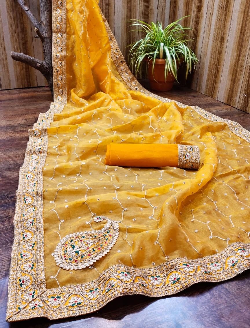 Party Wear Yellow Color Organza Embroidered Work Saree Blouse
