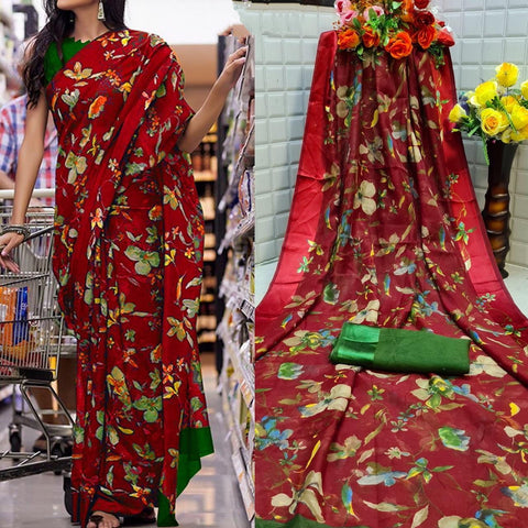 Phenomenal Red Color Fancy Printed Cotton Satin Patta Wedding Wear Designer Saree Blouse